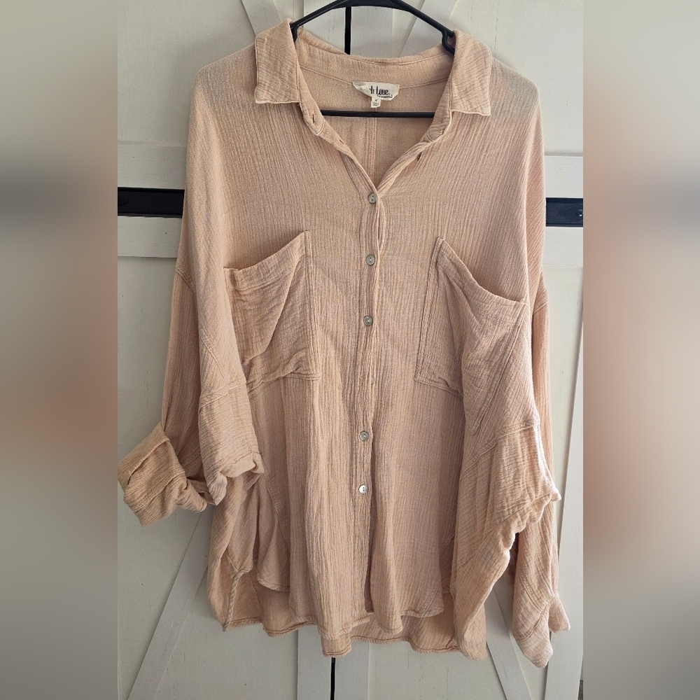 Peach Love California Tan Button-Down Oversized Shirt